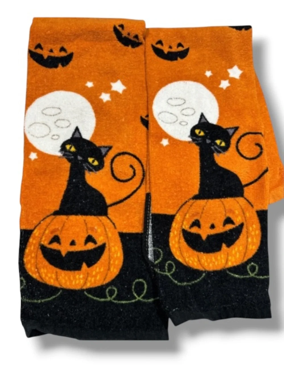 Halloween Black Cat Pumpkin Kitchen Hand Towels Set Retro Vintage Design